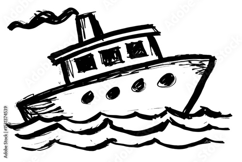 Sketch of a boat sailing on wavy water with smoke in the air  