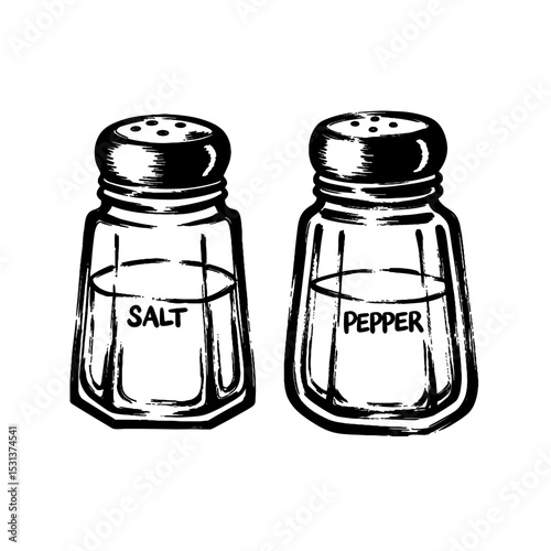 Glass salt and pepper shakers with labels on white background  