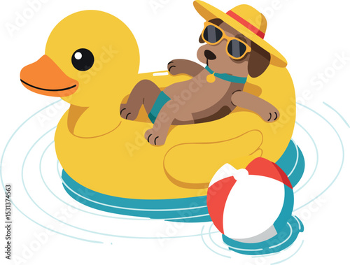 Dog relaxing on yellow duck float with beach ball summer vacation vector illustration 