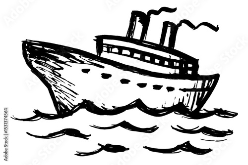 Hand-drawn ship sailing on waves in a minimalist style  
