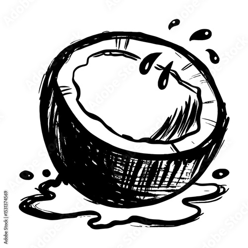 Cracked coconut with water splashing on a white background  