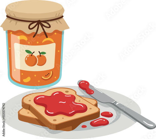 Orange marmalade jar with toast and knife spreading jam vector illustration 
