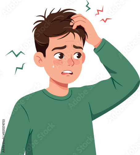 Worried young boy scratching head with confused expression vector illustration 