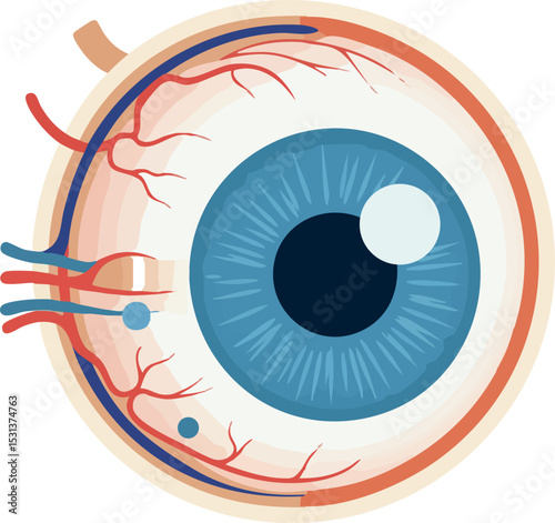 Human eye anatomy detailed vector illustration with blue iris and blood vessels