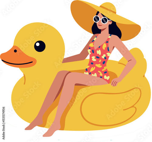 Woman Relaxing on Large Yellow Rubber Duck Pool Float in Summer Vector Illustration 