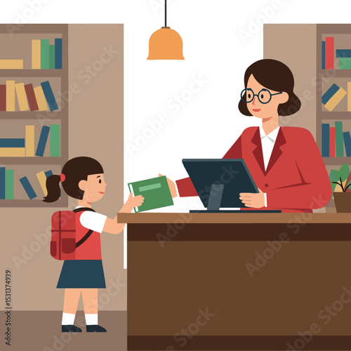 School librarian helping young student with book in library interior vector illustration 