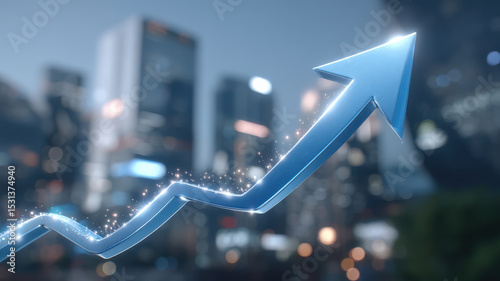 Glowing blue arrow graphically represents growth and success against blurred cityscape background, symbolizing business progress and upward trends