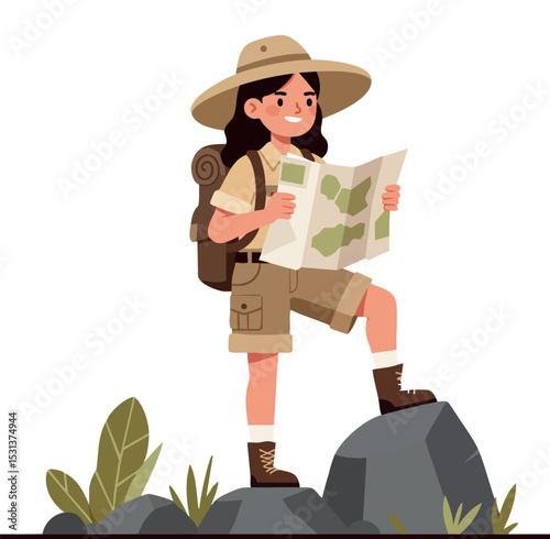 Girl hiker exploring nature with map and backpack in outdoor adventure scene 