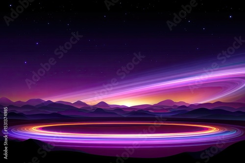 Night landscape with vibrant rings and sunrise
