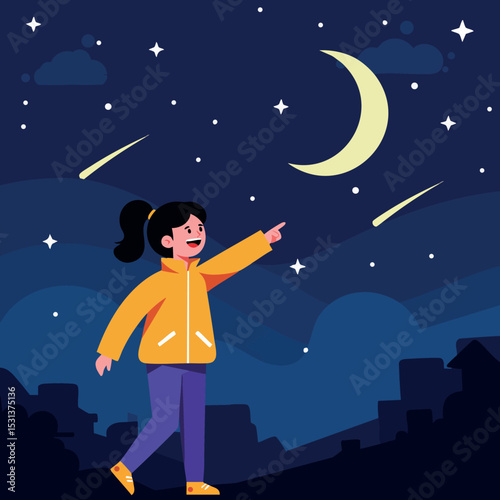 Girl pointing at crescent moon and shooting stars in night sky vector illustration 