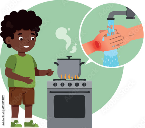 Child Cooking on Stove with Handwashing Hygiene Reminder Vector Illustration 
