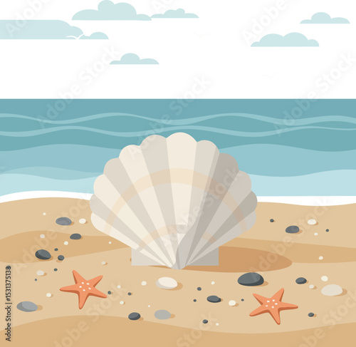 Seashell and starfish on sandy beach ocean waves vector illustration natural scene 