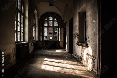 Sunlit, decaying hallway in an old building