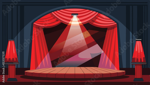 Cartoon illustration of a theater stage lit with red curtains and spotlight beams