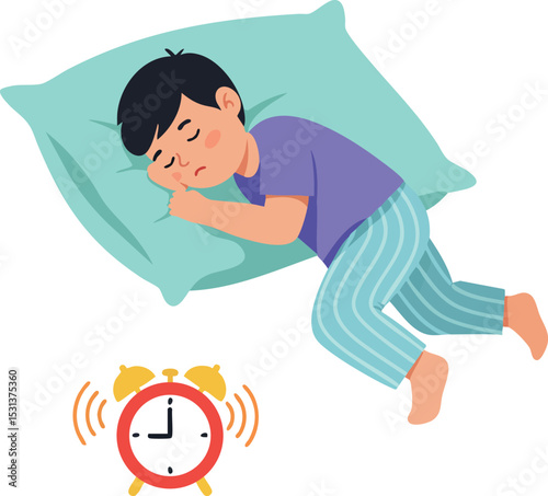 Sleeping boy in purple shirt and striped pajamas with ringing alarm clock vector illustration 