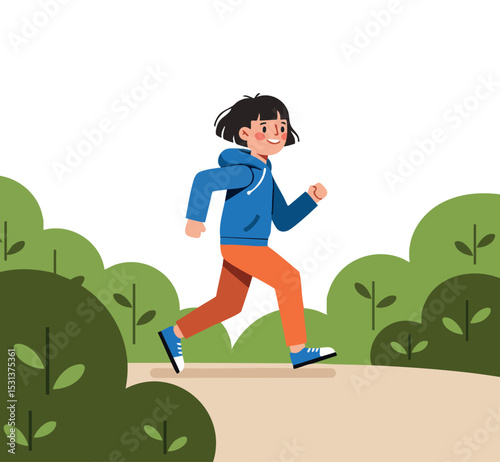 Boy running outdoors on path with green bushes in casual clothes vector illustration 