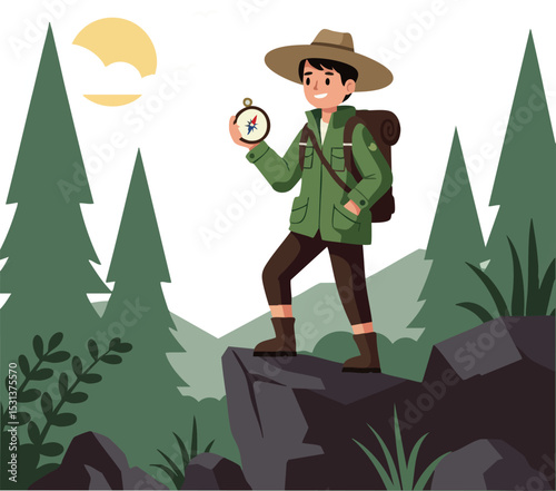 Young male hiker exploring forest with compass on rocky hill vector illustration 