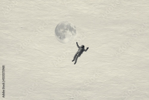 Astronaut adrift in space, moon looms large