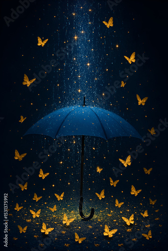 Surreal Blue Umbrella with Glowing Golden Butterflies in Sparkling Light Rain – Dreamlike Fantasy Scene with Deep Blue Background, Symbolizing Transformation and Magic
