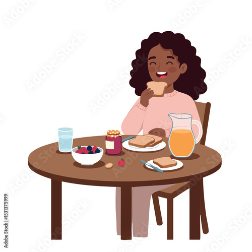 Woman enjoying breakfast with toast orange juice and fruit bowl at wooden table vector illustration 