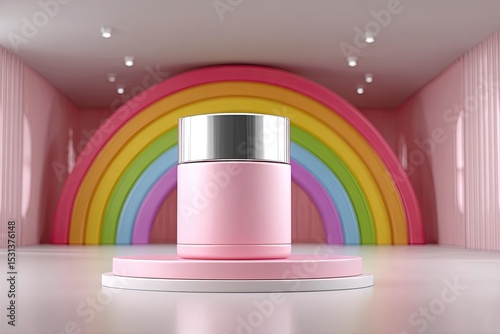 Pink cosmetic jar on a podium, rainbow backdrop