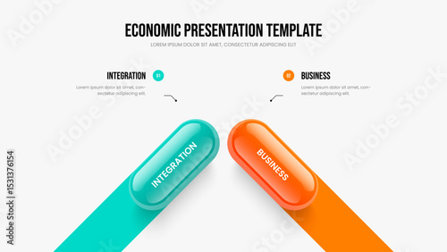 Consulting Review Two Option Diagram Slide Design. Service Showcase 2 Element Infographic Presentation Template. Market Analysis Slideshow Layout Vector Illustration.