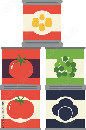 Stack of canned vegetables with tomato corn green peas and mushrooms illustration vector 