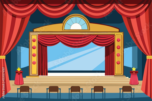 Cartoon illustration of a theater stage with red curtains ready for a performance event