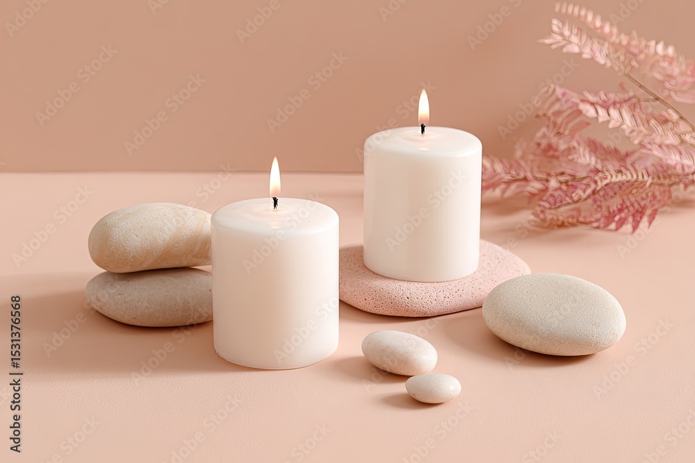 Two lit candles on stones, soft peach background, delicate pink foliage Two lit candles on stones, soft peach background, delicate pink foliage