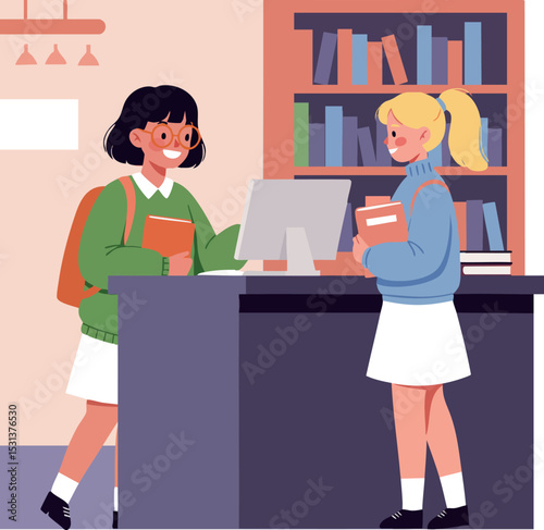 Two female students studying and discussing books in library with computer and bookshelves 