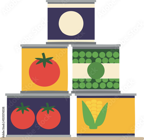 Canned Vegetables and Food Illustration with Tomato Corn Peas and Mushroom in Stack Vector 