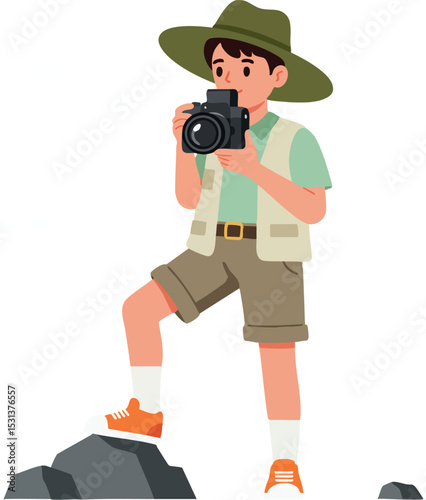 Young male photographer with hat standing on rock holding camera vector illustration 