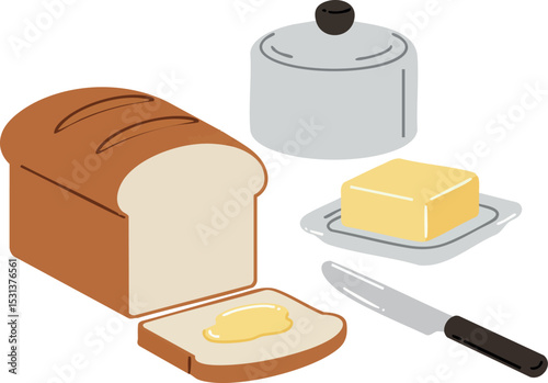 Bread and butter with knife and butter dish simple vector illustration food kitchen items 