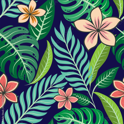 Frangipani seamless pattern Colorful tropical leaves decoration illustration. Summer leaves and plant pattern background.
