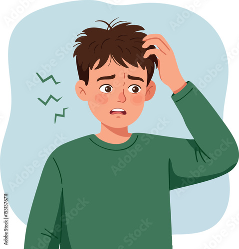 Confused young man scratching head with nervous expression in green sweater vector illustration 
