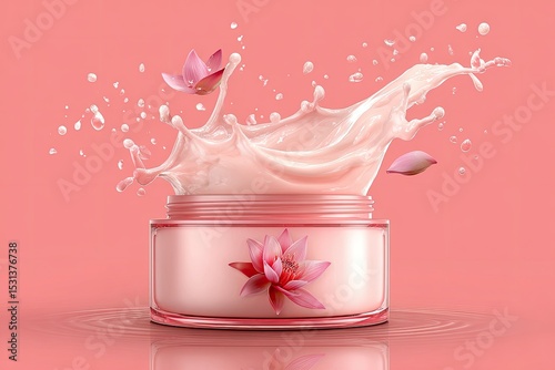 Pink cream jar with splashing product and lotus flower design