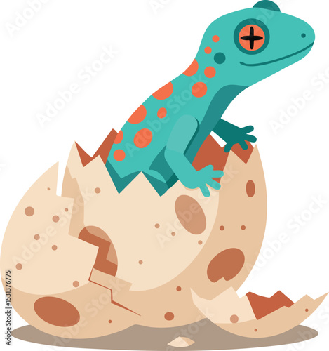 Baby lizard hatching from spotted eggshell vector illustration in cartoon style 
