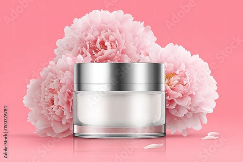 Cream jar surrounded by peonies