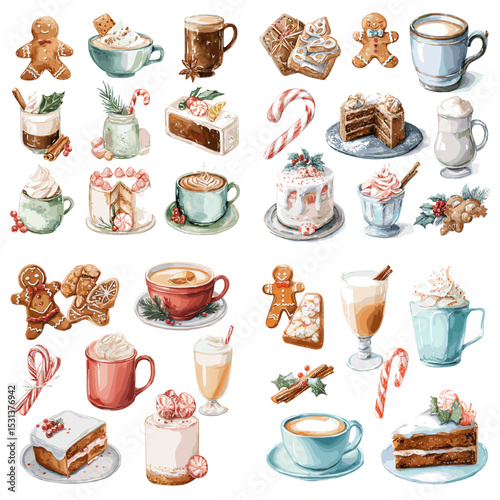 Hand-drawn winter drinks and treats including coffee, cocoa, gingerbread, cake, and candy canes in cozy holiday style. Ideal for seasonal menus and decor.


