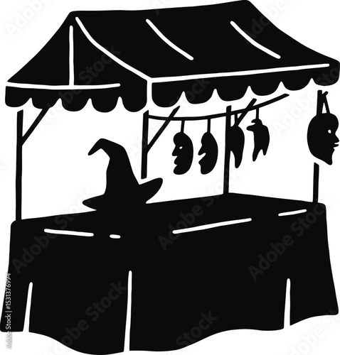 A silhouette of a market stall displaying halloween masks and a witch hat under a striped canopy top