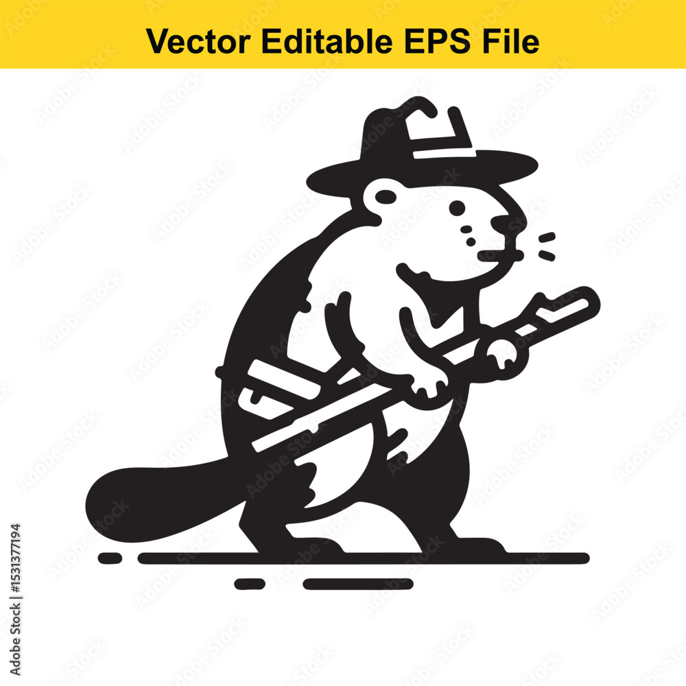 Fototapeta premium Monochrome Beaver Lumberjack Illustration A Determined Rodent Carrying a Log for Dam Construction and Resourcefulness