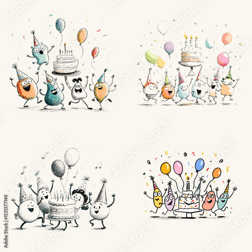 Playful party characters celebrating birthdays with balloons, hats, cake, and music in a fun hand-drawn style. Perfect for greeting cards and children’s decor.

