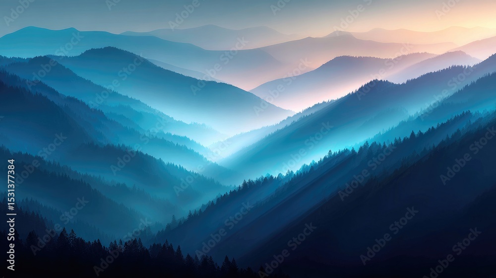 Fototapeta premium A tranquil view of layered mountain ranges bathed in soft blue light.