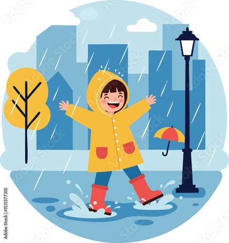 Child in yellow raincoat and red boots splashing puddles in rainy urban environment 