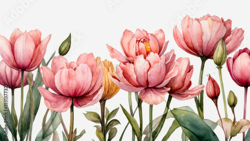 Blush-toned petals float beside tender leaves, a quiet composition of nature’s, watercolor tones.