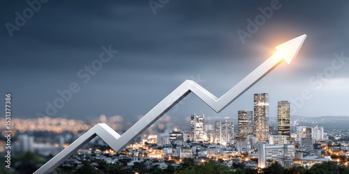 Rising arrow graph overlays cityscape, symbolizing economic growth and success. city skyline is illuminated, creating dynamic and optimistic atmosphere