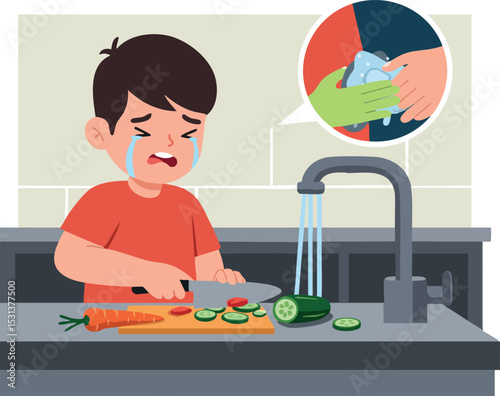 Child crying while cutting vegetables with handwashing hygiene reminder in kitchen vector illustration 