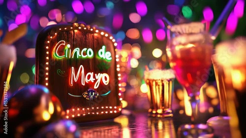 Festive Cinco de Mayo celebration neon sign with cocktails. Bright Cinco de Mayo party decorations include glowing sign and colorful drinks. Perfect Cinco de Mayo concept for vibrant event promotions