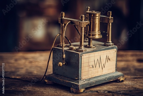 Antique scientific instrument on wooden table.  A brass-and-metal device, possibly a vintage electrocardiograph or early electrical apparatus, sits atop a weathered wooden surface.  Blurred background
