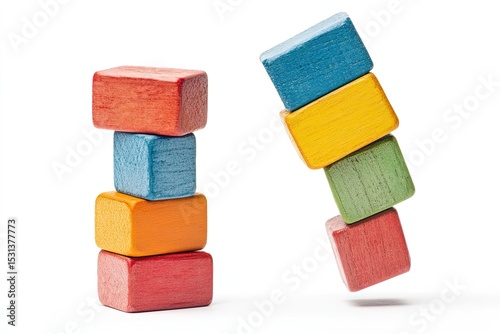 Colorful wooden blocks, some stacked, some precarious